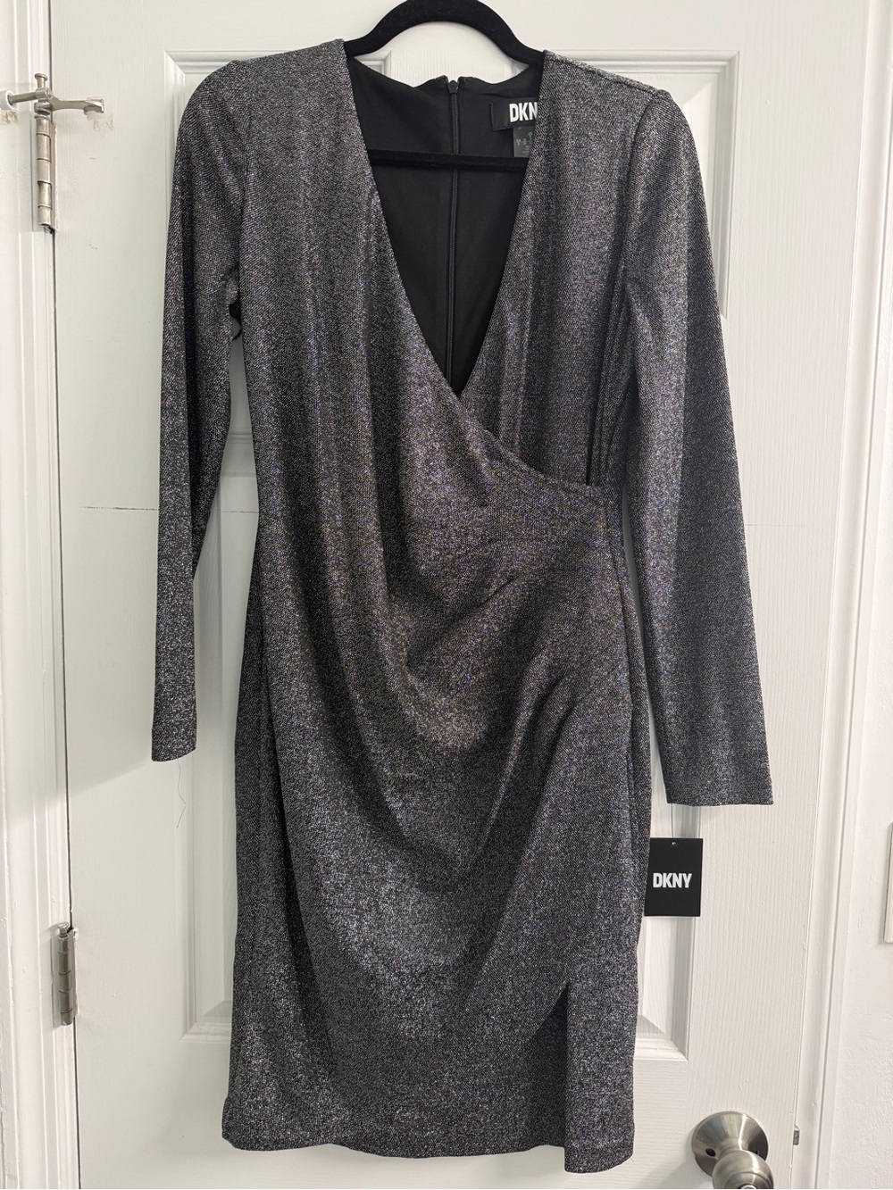 DKNY Silver Metallic Long-Sleeve Wrap Dress